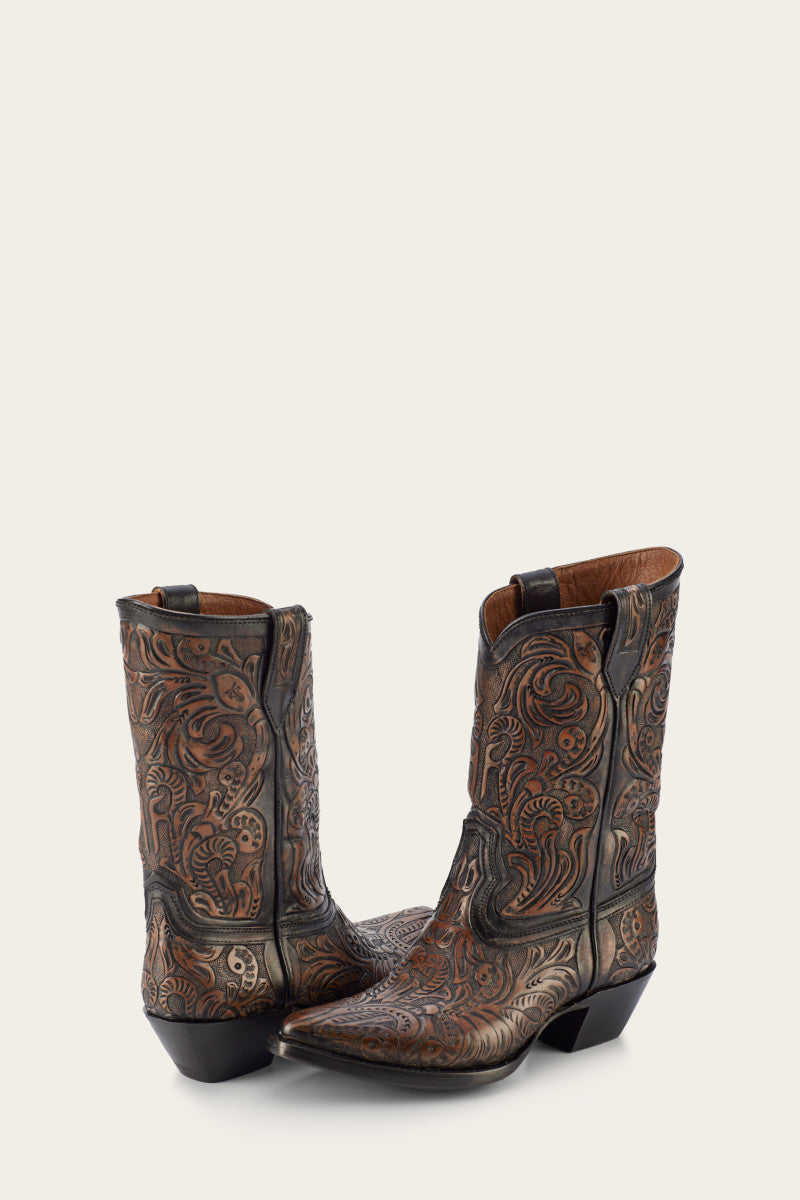 Sacha Mid Pull On - Black Tooled - Pair