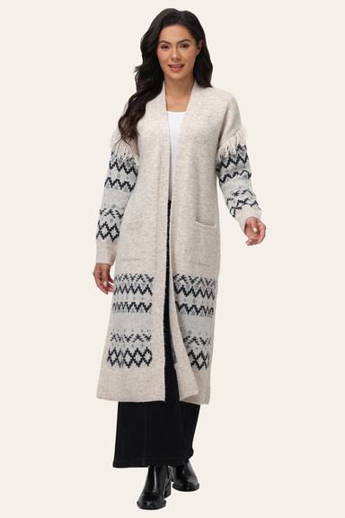 Geometric Print Fringe Cardigan