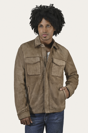 Men's Taupe Brock Suede Utility Shacket | The Frye Company Men's Taupe Brock Suede Utility Shacket | The Frye Company
