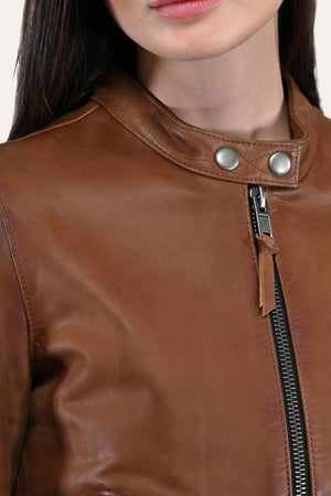 Women s Tobacco Cafe Racer Leather Jacket The Frye Company