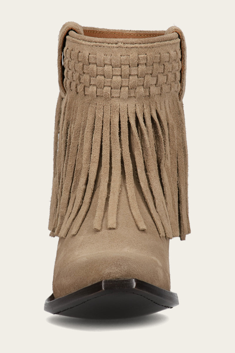 Sacha Short Fringe Bootie - Taupe - Front